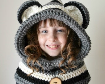 Raccoon Hat - Raccoon Hoodie - Raccoon Cowl - Animal Hat - Hooded Scarf - Crochet Hoodie - Chunky Crochet Hat