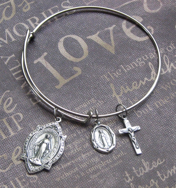 Silver Bangle Bracelet Virgin Mary Crucifix by TheEnchantedLocket