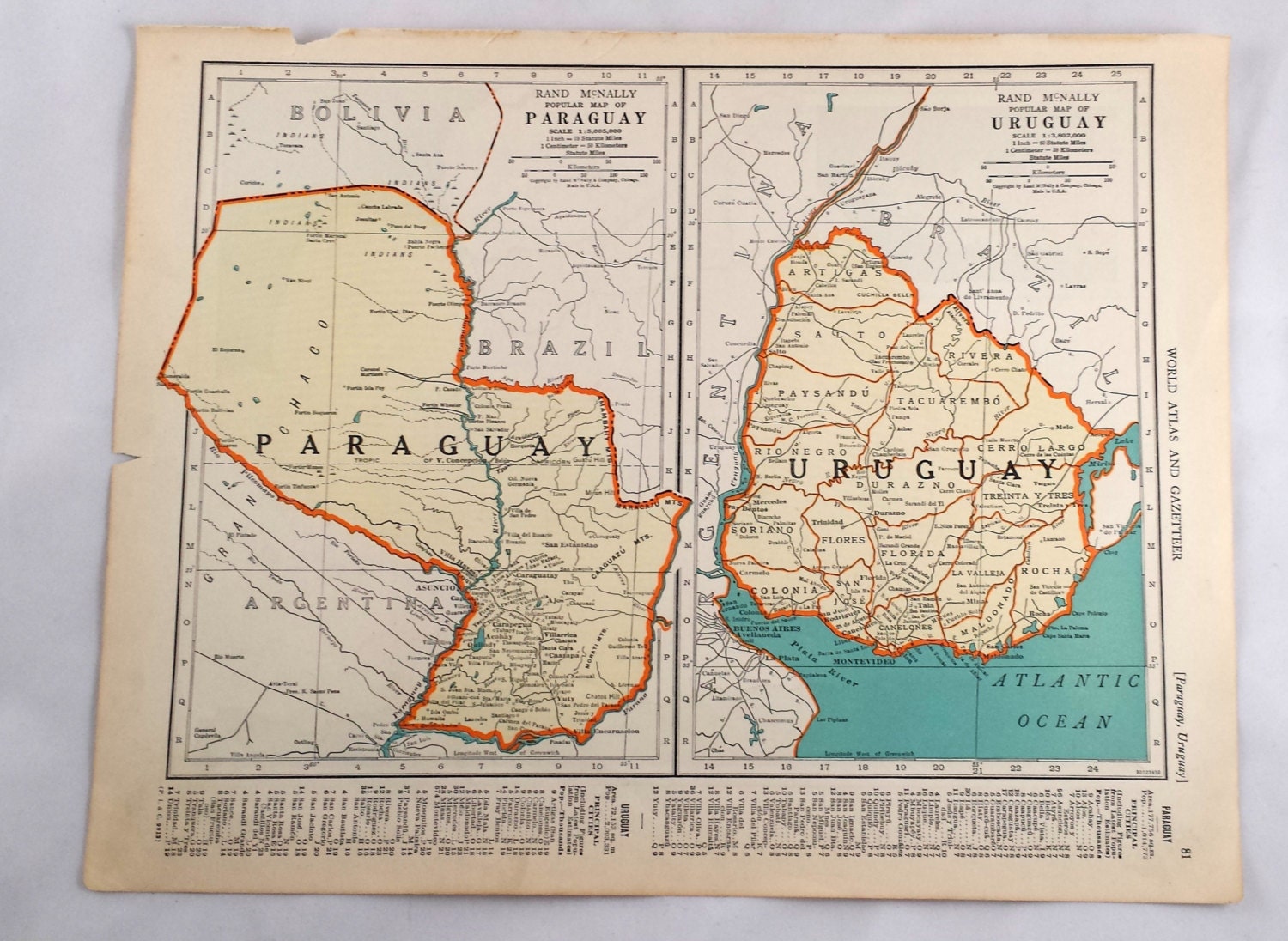 1943 Map of Uruguay & Paraguay. Antique Argentina/ Chili Map.