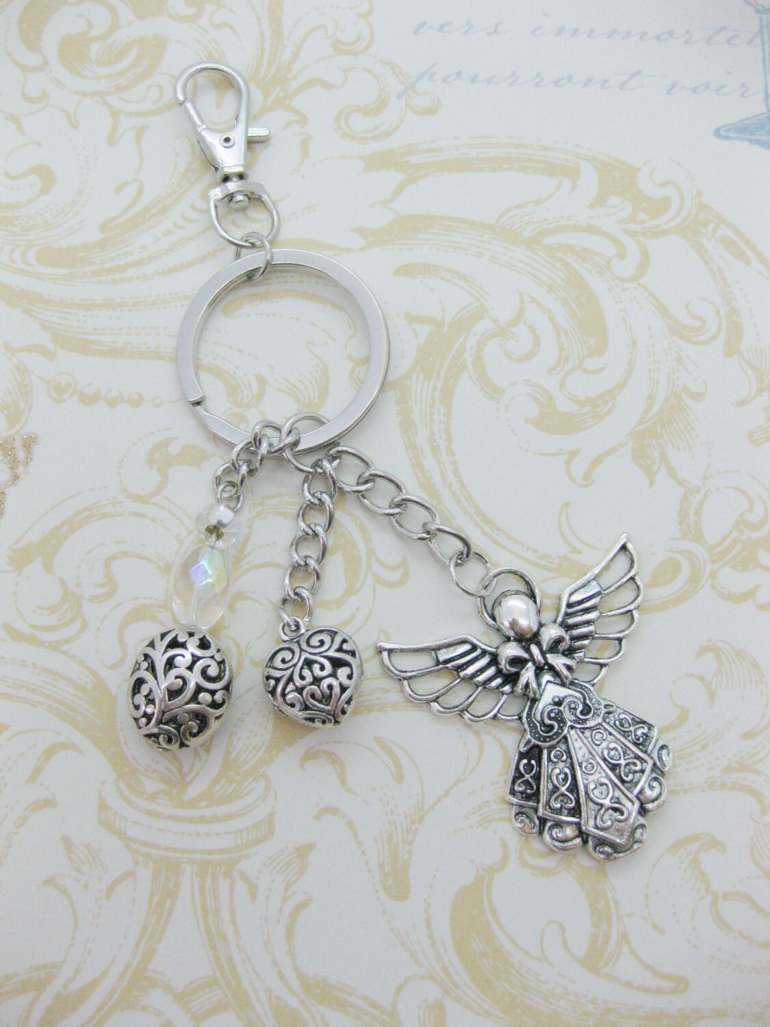 Angel Key Chain Beaded Key Chain Silver Key by RalstonOriginals