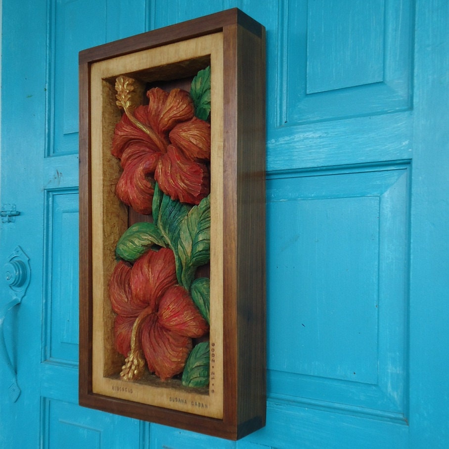 Hibiscus Flower Wood Carving Hand Carved Floral Design Wall