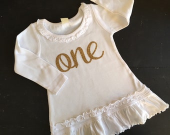 Cursive White and Gold first birthday dress long sleeve or tank style