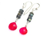 Labradorite and Hot Pink Chalcedony Earrings - Sterling Silver Gemstone Dangle Earrings - Pink and Gray Jewelry