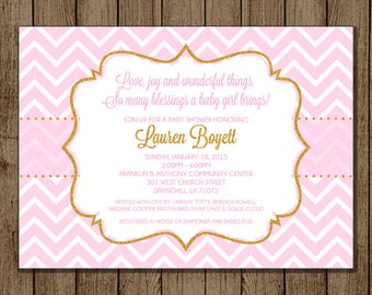 Pink and Gold Baby Shower Invitation, Gold Glitter and Pink Invite, It's a Girl, Elegant Shower Invite, 5x7 Digital File Printable DIY