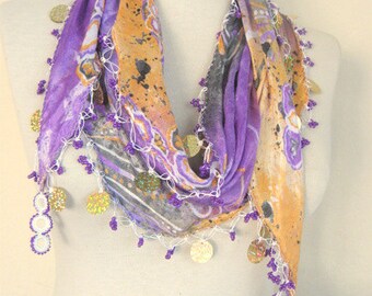 Purple - Orange - grey scarf Silk fabric scarf handmade scarf - turkish scarf - oya scarf -