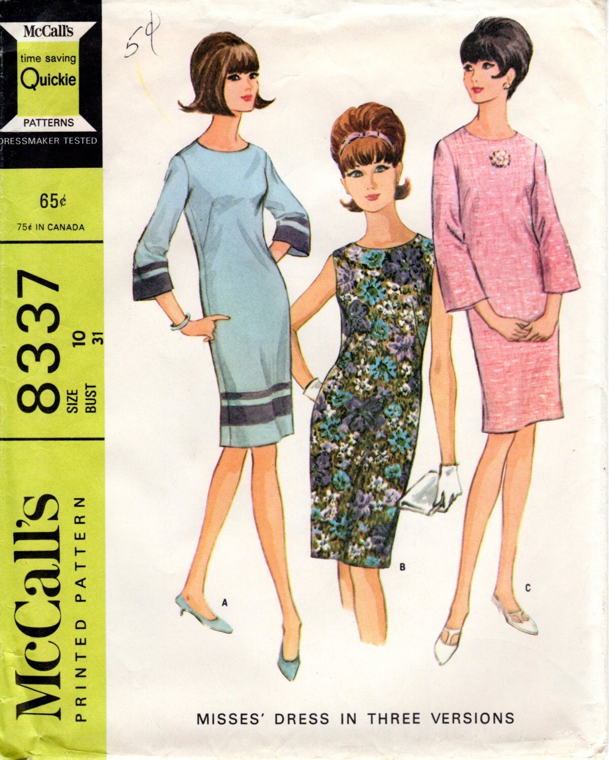 shift without zipper dress pattern Dress ErikawithaK Vintage Pattern 1960s by McCalls Shift 8337