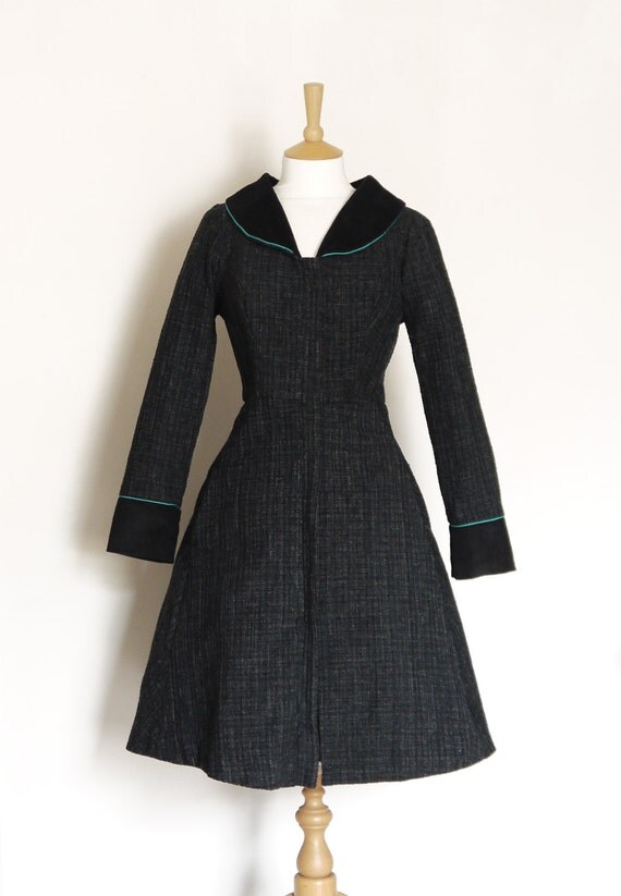 Charcoal Black Fit and Flare Coat with Teal Piping Made by