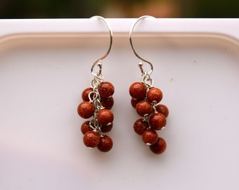 Goldstone Earrings, Gold, Silver, Cluster Earrings, Waterfall, Cascade, Orange Gemstone, Dangle Earrings, Drop, Sandstone, Gemstone Earrings