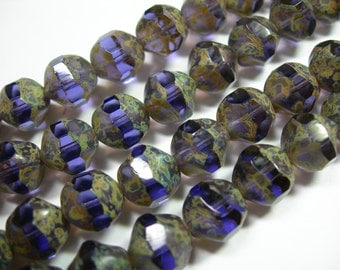 15 9mm Amethyst Purple Travertine Firepolished Thru Cuts Czech Glass Beads