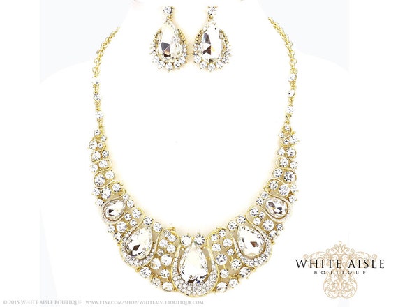 Crystal Necklace Gold Bridal Statement by WhiteAisleBoutique