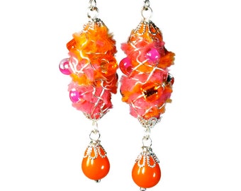 Yummy Neon Orange Earrings, Orange Dangle Earrings, Fiber Art, Pink and Orange, Wearable Art Dangle Earrings