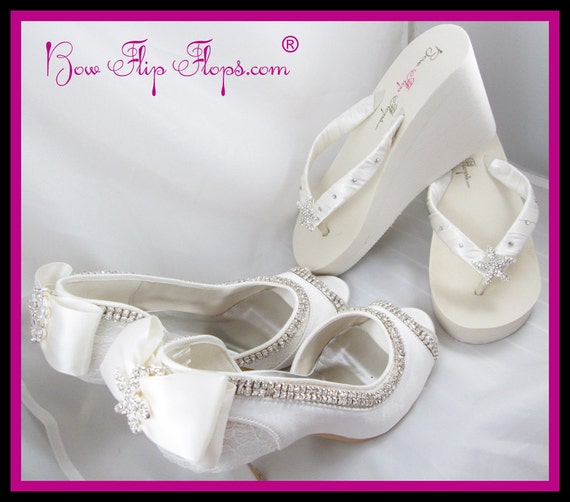 Bridal Heels and Flip Flop Set Ivory Wedding Shoes Starfish 3.5 inch ...