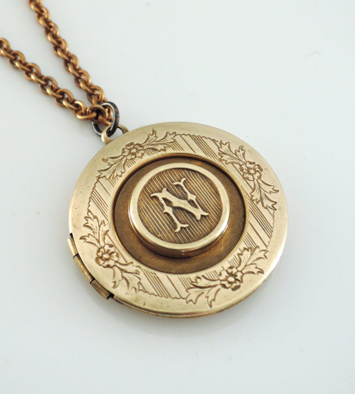 Locket Necklace Initial N Letter N Vintage Brass Jewelry
