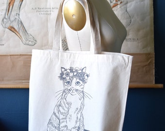 Recycled Cotton Canvas Tote Bag - Screen Printed Grocery Bag - Eco Friendly Shopper Tote - Large Tote - Farmers Market - Cat - Floral