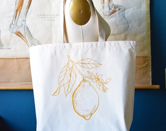 Recycled Cotton Canvas Tote Bag - Screen Printed Grocery Bag - Eco Friendly Shopper Tote - Large Tote - Farmers Market - Lemon - Citrus