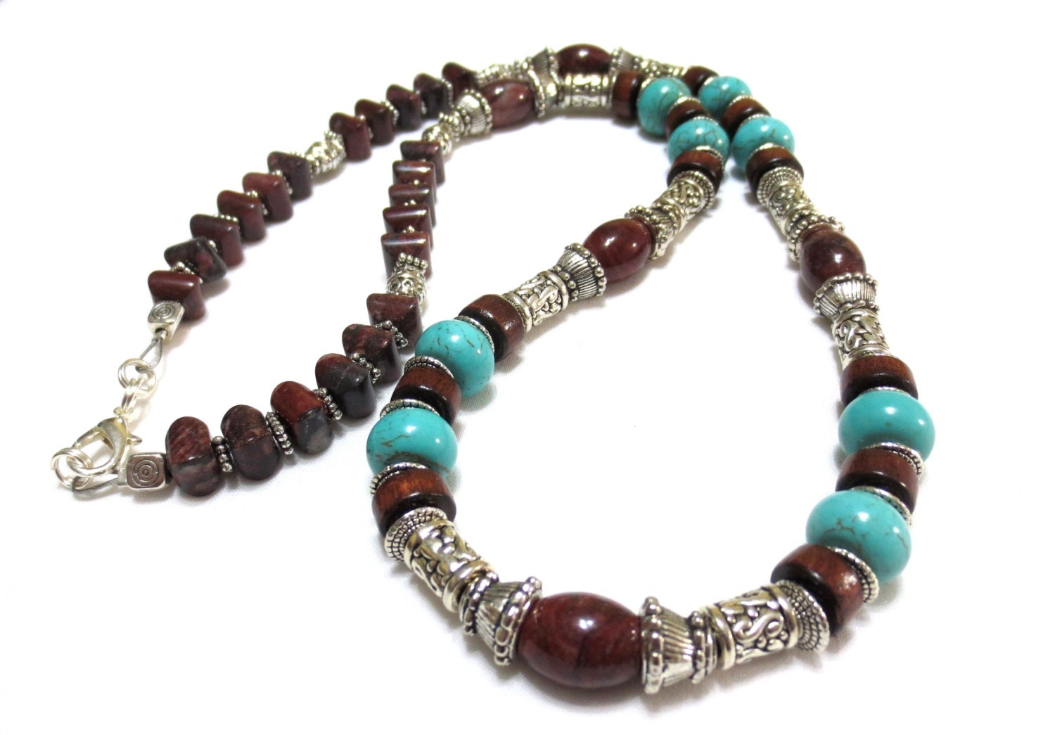 Mens Turquoise Necklace Gift for Him Brown Wood and