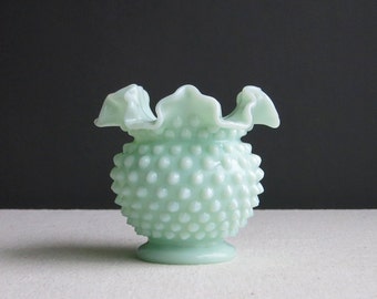 Vintage Fenton Green Pastel Hobnail Milk Glass Vase - 1950s Mint Green Round Bumpy Vase - Light Green