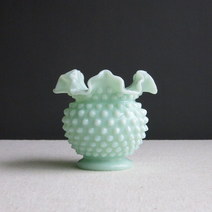 Vintage Fenton Green Pastel Hobnail Milk Glass Vase 1950s