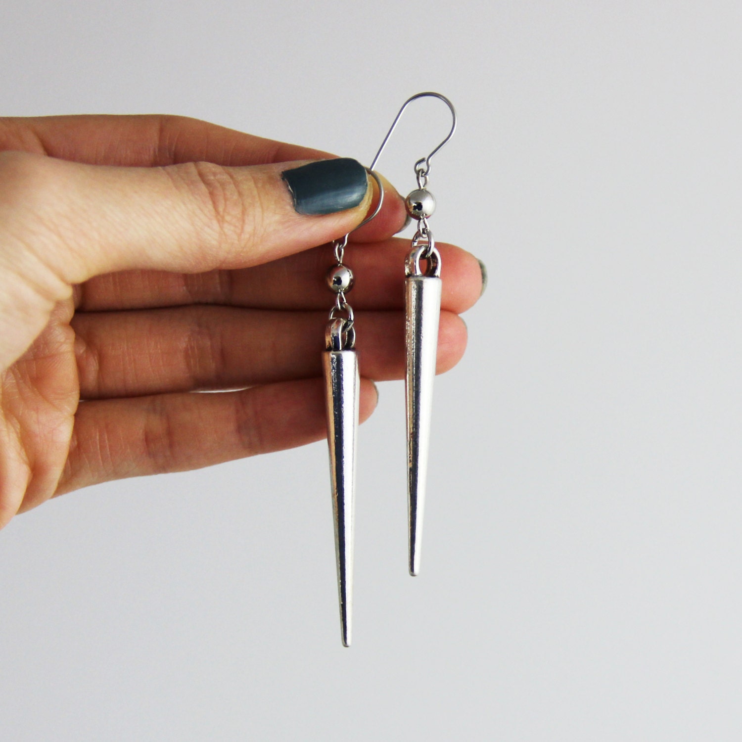 Single Spike Metallic Silver Spiked Dangle Drop Earrings