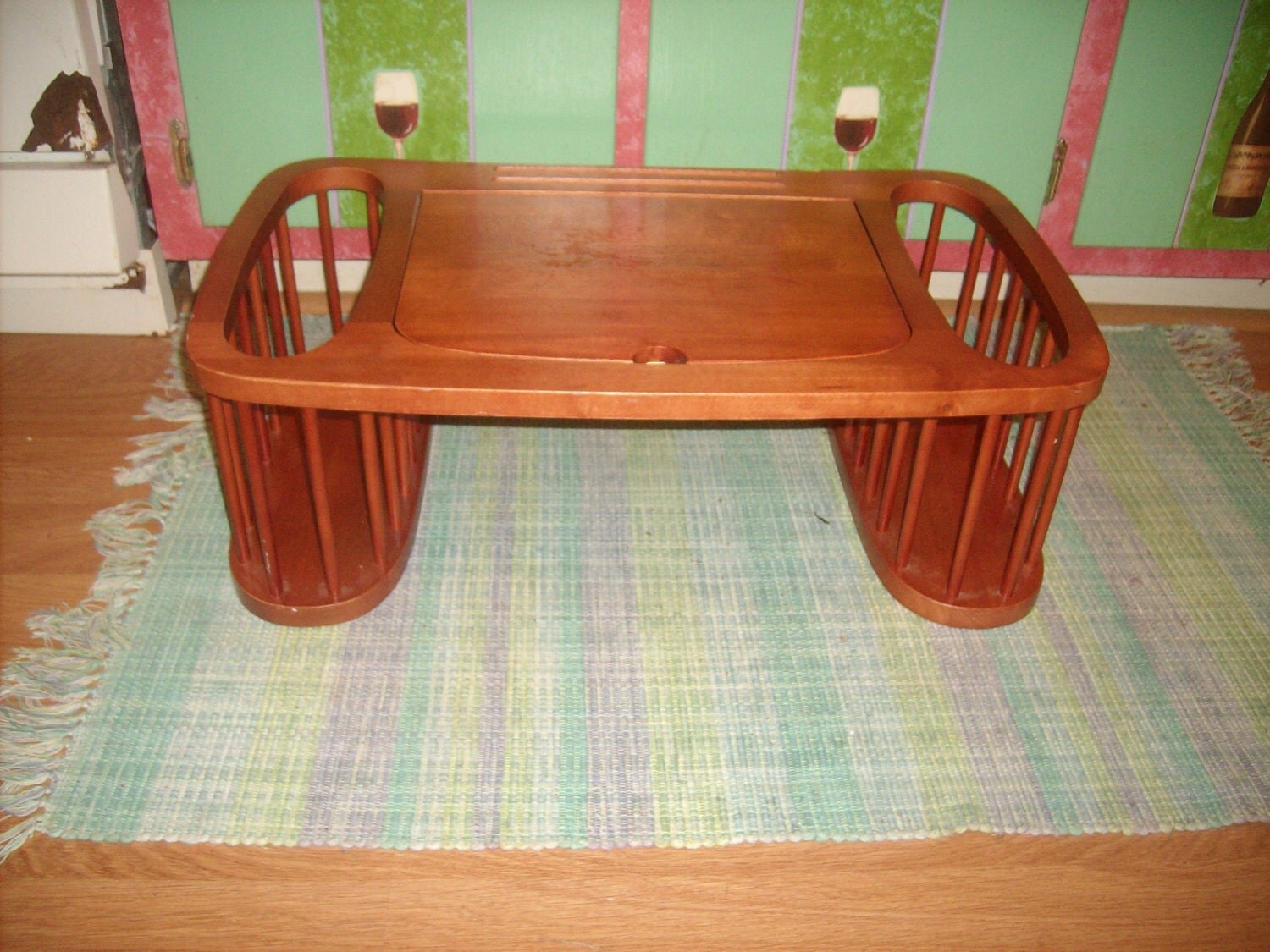 Large Vintage Reddish Brown Wood Breakfast in Bed Serving Tray with