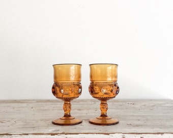 Set of Vintage Amber Glass Wine Goblets, Drinking Glasses, 1960's, Indiana Glass