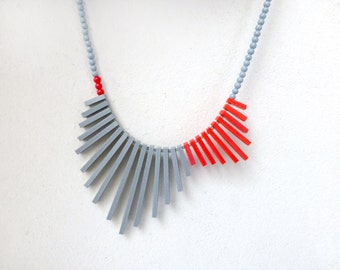 geometric tribal necklace , red & grey , contemporary jewelry