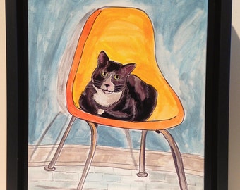 6.75 x 9 inch framed photo on canvas mixed media cat on a mid century chair