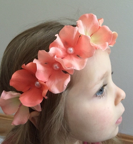 Coral flower girl flower crown hydrangea flower girl crown