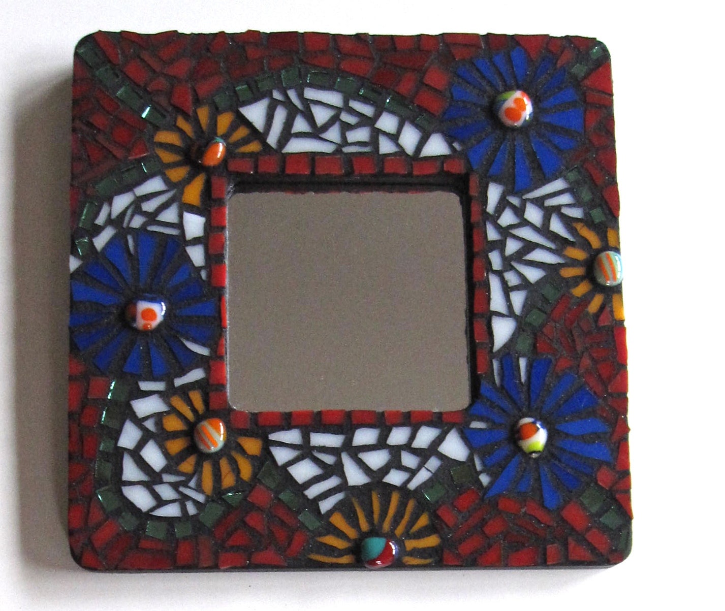 Mosaic & Fused Glass Mirror with Flowers Black Background