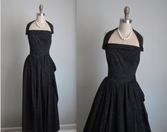 50's Evening Gown // Vintage 1950's Black Moire Taffeta Halter Glamorous Bombshell Evening Gown Dress XS