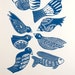 linocut, birds, folklore, fairytale, printmaking, blue, scandinavian design, nordic design, fish, feathers, home interior, country style