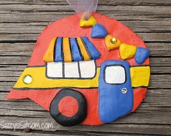 ornament, camper, polymer clay, decoration, orange, yellow, periwinkle, airstream
