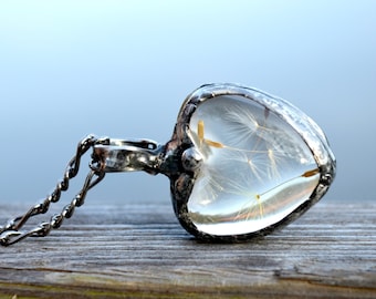 Dandelion Necklace for Women, Dandelion Gift, Real Dandelion Seeds Encased in Glass, Heart Jewelry, Womens Jewelry (2281)