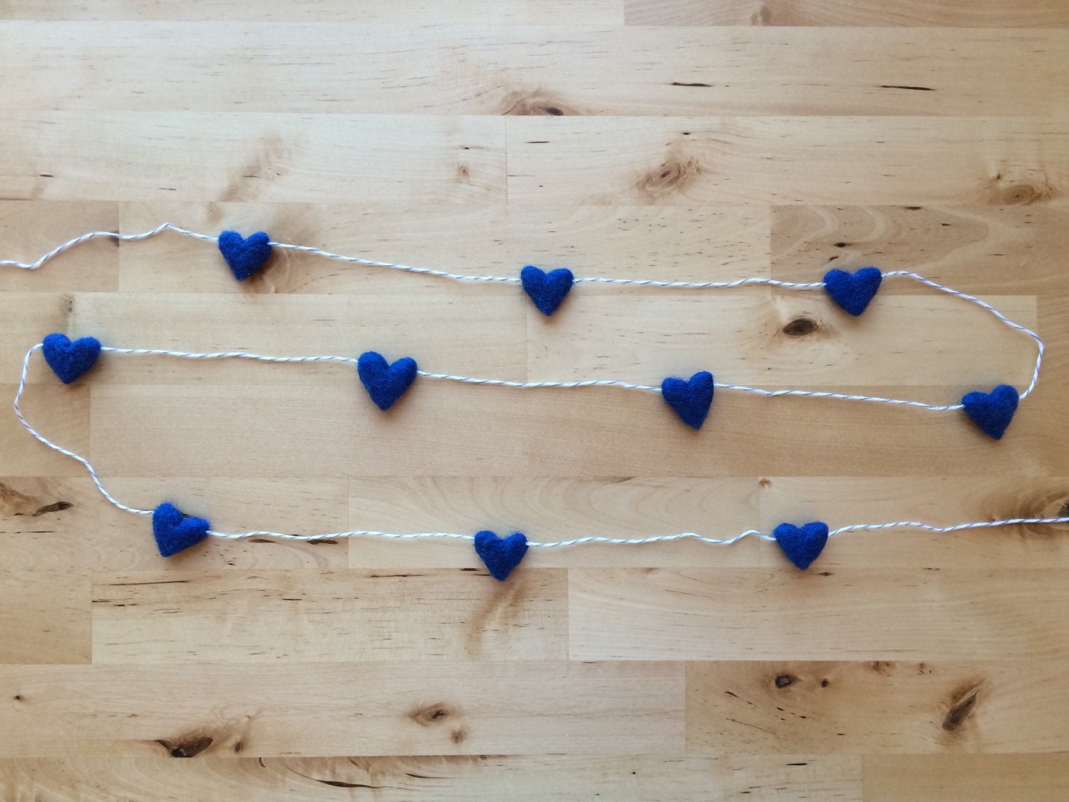 Felted wool heart garland Blueberry Blue on tan striped