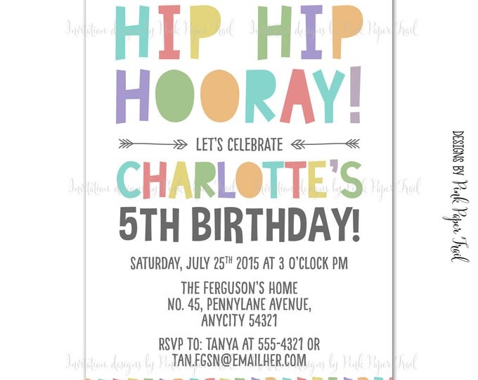 Hip Hip Hooray Party Invitation in Soft Pastels Colors - Digital File - Print Your Own