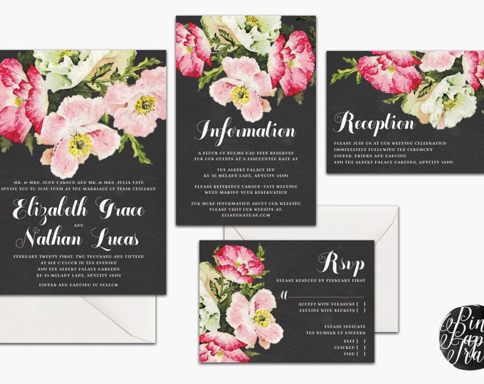 Printable Wedding Invitation, Rustic Floral Chalkboard Invitation Suite, Spring, Floral, Garden, Rustic Wedding, I will customize for you