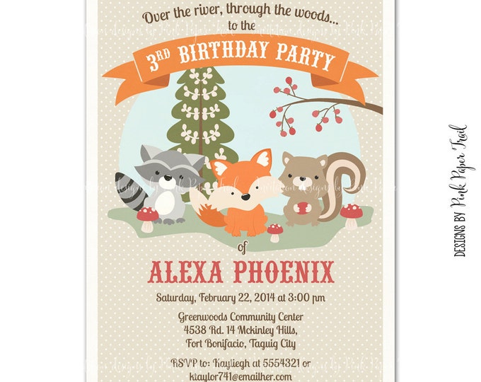 Woodland Party Invitation, Gender Neutral, Fox Squirrel Racoon, Baby Shower, Birthday Party, I will customize for you, Print Your Own