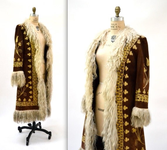 Vintage Embroidered Shearling Afghan Jacket Coat Small// 70s
