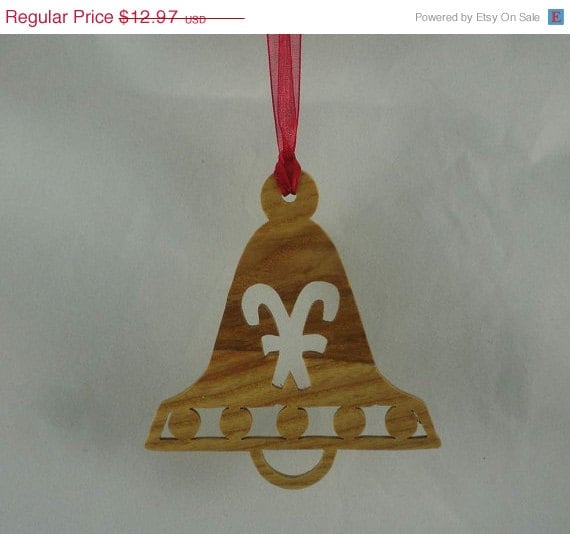 Cyber Monday Sale Christmas Bell With Candy Canes Ornament Handmade From Ash Wood