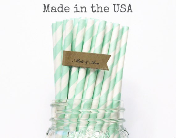 Mint Green Paper Straws, 50 Mint Striped Paper Straws, Pastel Green, Made in USA, Rustic Wedding, Retro Drinking Straws, Vintage Baby Shower Il_570xn