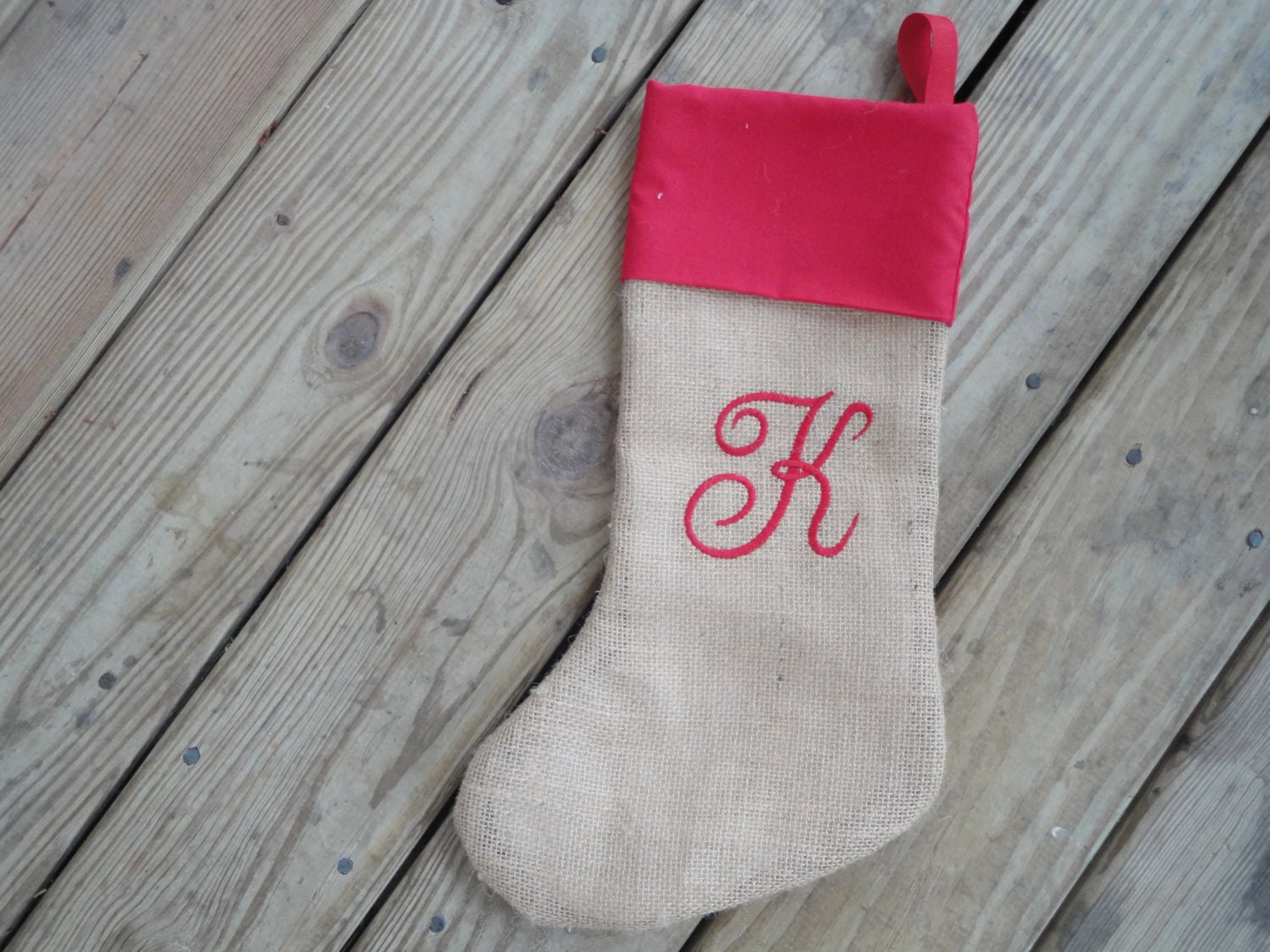 Personalized Christmas Stocking Burlap Monogrammed Custom Handmade