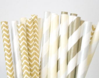 Paper Straws . Champagne Gold Silver Chevron . new years eve / bridal shower decorations / mason jar buffet table / wedding party decor
