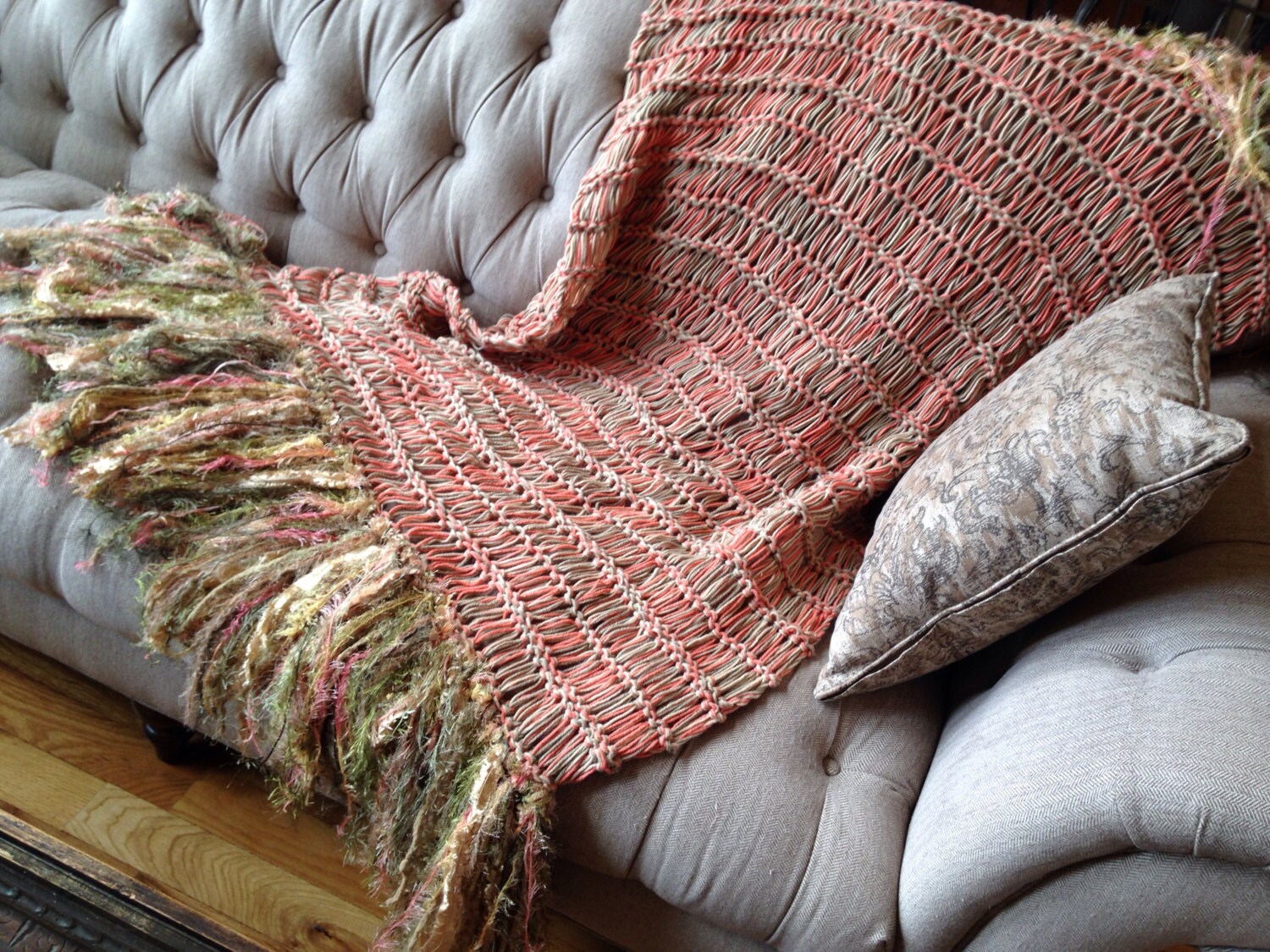Afghan Decor Blanket with Fringe Coral Salmon by CricketsHome