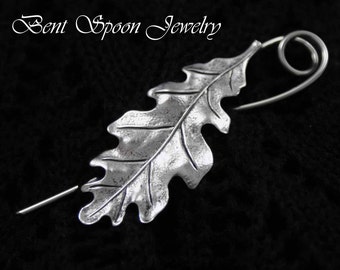 Silver Oak Leaf Shawl Pin, Fibula, Scarf Pin, Shrug Pin, Kilt Pin, BentSpoonJewelry