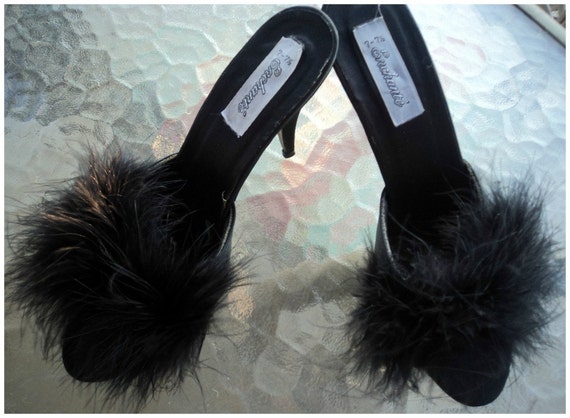 Vintage Heels Pinup Marabou Feather Boudoir Slippers Black 9380