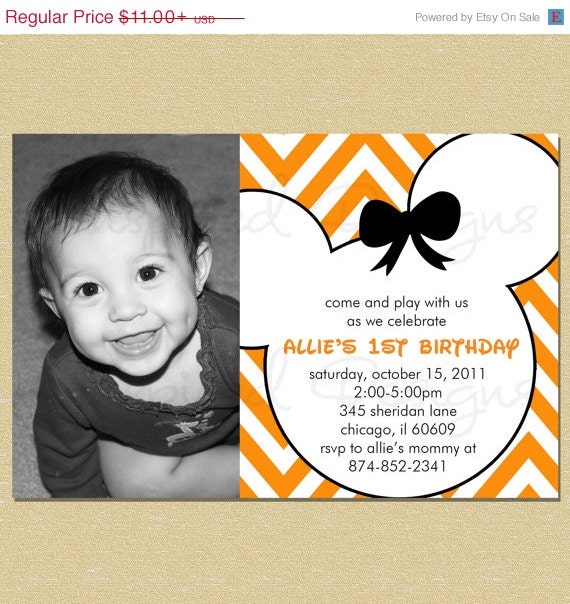 ON SALE Mickey Mouse Chevron Orange Birthday Invitation - Any Age - Girl or Boy Il_570xn