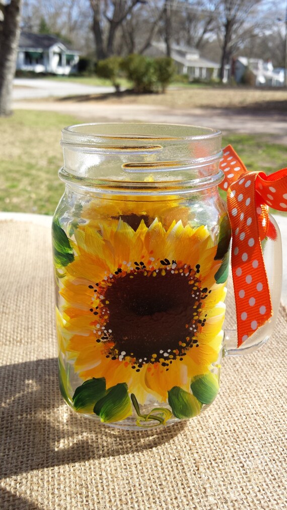 Hand Painted Sunflower Mason Jar with handle Sunflower Mason