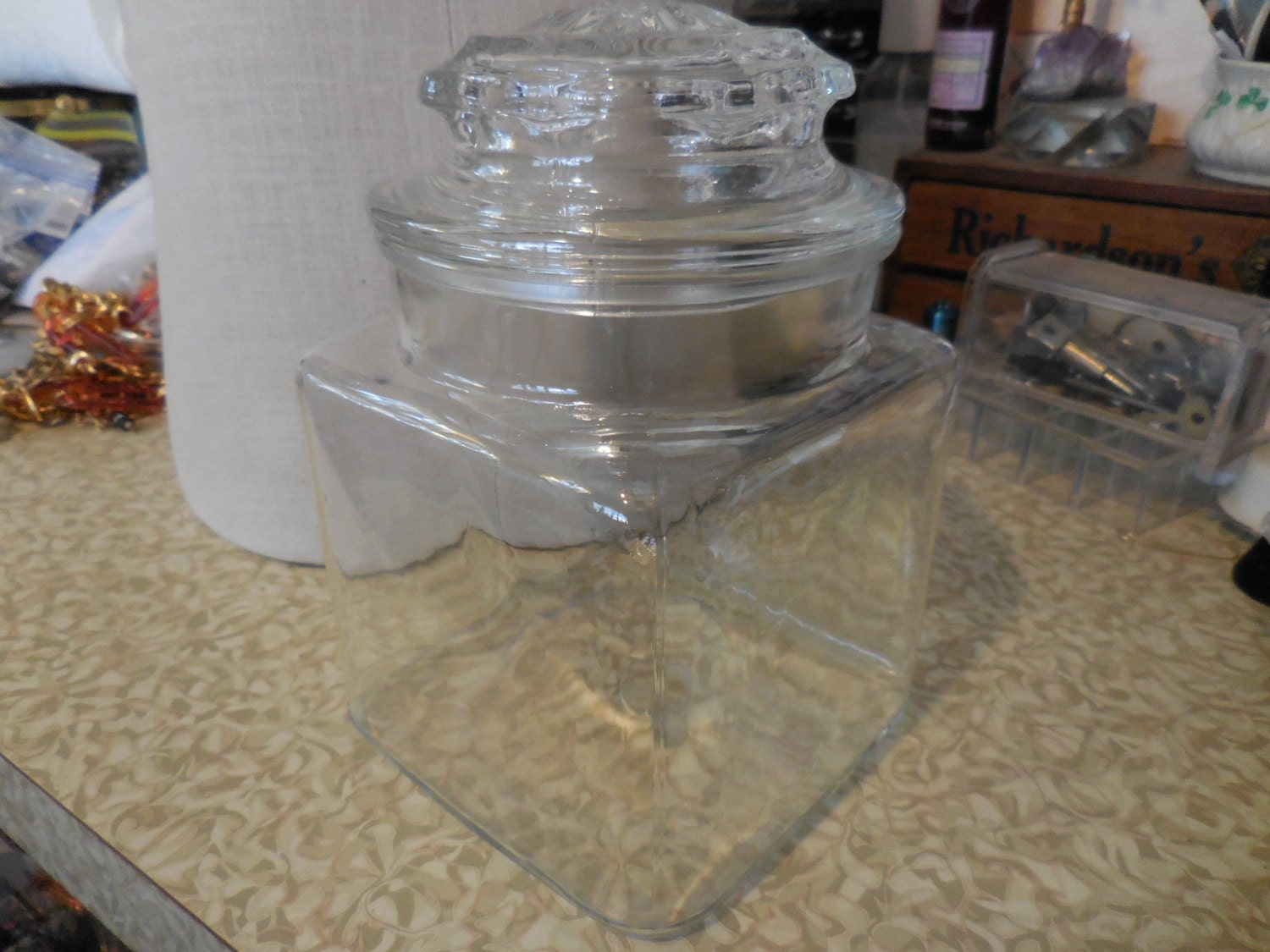 Vintage 1950s to 1960s Square Glass Storage Jar With Lid