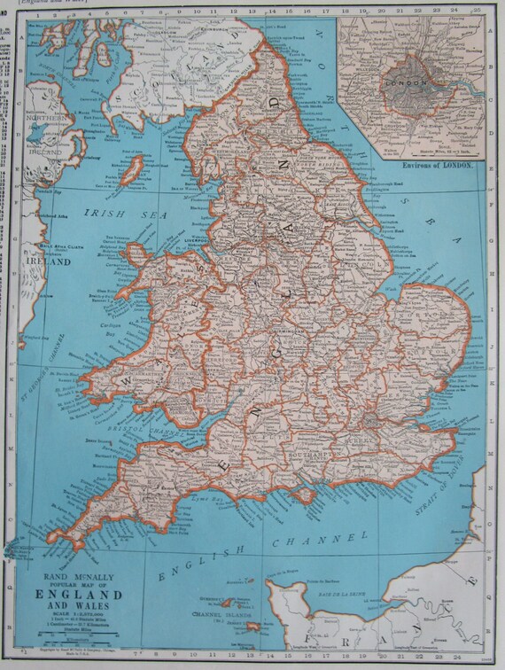 Vintage ENGLAND Map. 1947. Wales. 11x14. EUROPE Map. Original