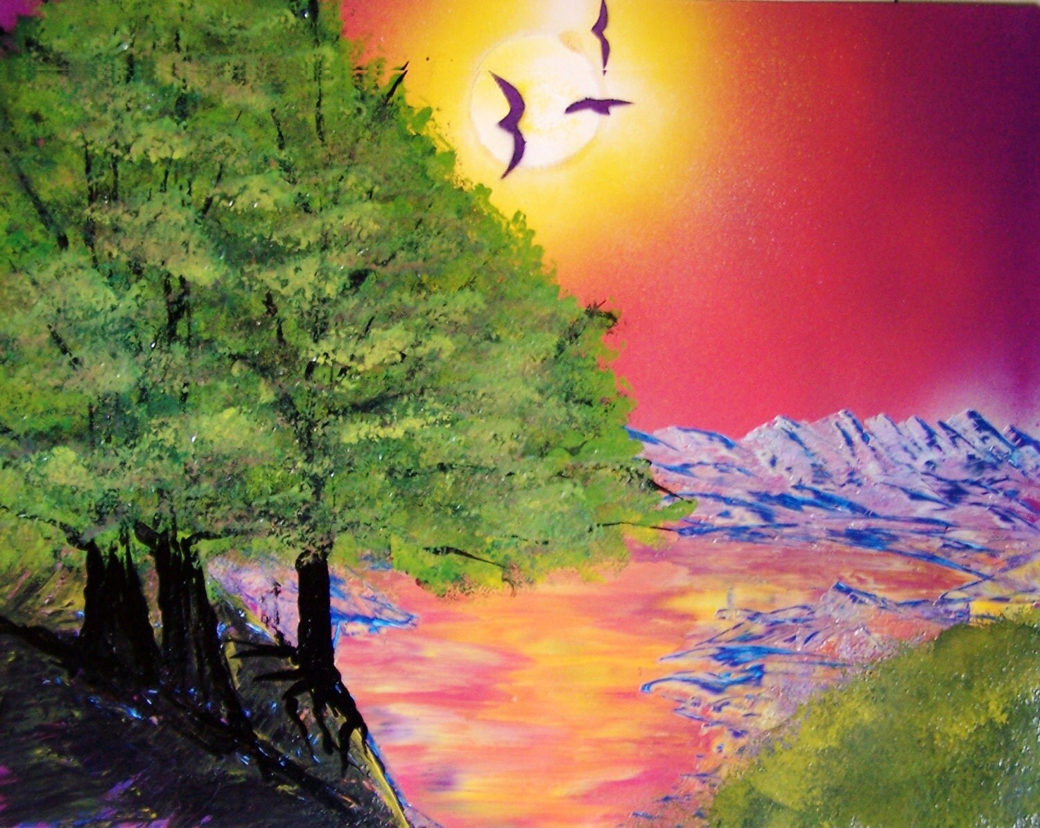 Spray Paint Art Original Abstract Landscape Birds & Sunset